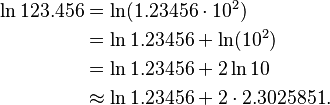 \begin{align}
\ln 123.456 &= \ln(1.23456 \cdot 10^2)\\
&= \ln 1.23456 + \ln(10^2)\\
&= \ln 1.23456 + 2 \ln 10\\
&\approx \ln 1.23456 + 2 \cdot 2.3025851.
\end{align}