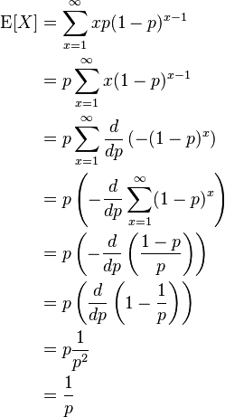 \begin{align}
    \operatorname{E}[X]
    &=\sum_{x=1}^\infty xp(1-p)^{x-1} \\
    &=p\sum_{x=1}^\infty x(1-p)^{x-1} \\
    &=p\sum_{x=1}^\infty \frac{d}{dp} \left( -(1-p)^x\right) \\
    &=p \left(-\frac{d}{dp}\sum_{x=1}^\infty (1-p)^x \right) \\
    &=p \left(-\frac{d}{dp}\left( \frac{1-p}{p} \right) \right) \\
    &=p \left(\frac{d}{dp}\left( 1-\frac{1}{p} \right) \right) \\
    &= p \frac{1}{p^2} \\
    &=\frac{1}{p}
\end{align}