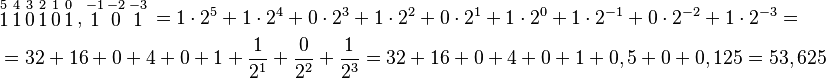 \begin{align}
  & \overset{5}{\mathop{1}}\,\overset{4}{\mathop{1}}\,\overset{3}{\mathop{0}}\,\overset{2}{\mathop{1}}\,\overset{1}{\mathop{0}}\,\overset{0}{\mathop{1}}\,,\overset{-1}{\mathop{1}}\,\overset{-2}{\mathop{0}}\,\overset{-3}{\mathop{1}}\,=1\cdot 2^{5}+1\cdot 2^{4}+0\cdot 2^{3}+1\cdot 2^{2}+0\cdot 2^{1}+1\cdot 2^{0}+1\cdot 2^{-1}+0\cdot 2^{-2}+1\cdot 2^{-3}= \\ 
 & =32+16+0+4+0+1+\frac{1}{2^{1}}+\frac{0}{2^{2}}+\frac{1}{2^{3}}=32+16+0+4+0+1+0,5+0+0,125=53,625 \\ 
\end{align}