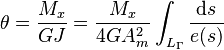 \theta = \frac{M_x}{GJ} =
\frac{M_x}{4GA_m^2}\int_{L_\Gamma} \frac{\text{d}s}{e(s)}