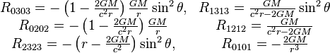 \begin{matrix}
R_{0303} = -\left(1-\frac{2GM}{c^2r}\right)\frac{GM}{r}\sin^2\theta, &
R_{1313} = \frac{GM}{c^2r-2GM}\sin^2\theta \\
R_{0202} = -\left(1-\frac{2GM}{c^2r}\right)\frac{GM}{r} &
R_{1212} = \frac{GM}{c^2r-2GM} \\
R_{2323} = -\left(r-\frac{2GM}{c^2}\right)\sin^2\theta, &
R_{0101} = -\frac{2GM}{r^3} \end{matrix}
