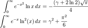   \begin{align}
    \int_0^\infty e^{-x^2}\ln x\,dx 
    &=-\frac{(\gamma+2\ln 2)\sqrt{\pi}}{4} \\
    \int_0^\infty e^{-x}\ln^2(x)\,dx 
    &=\gamma^2+\frac{\pi^2}{6}
\end{align} 