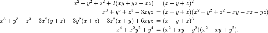 
\begin{align}
 x^2 + y^2 + z^2 + 2(xy +yz+xz)\, & = (x + y+ z)^2 \\
 x^3 + y^3 + z^3 - 3xyz \,& = (x + y + z)(x^2 + y^2 + z^2 - xy - xz - yz)\\
 x^3 + y^3 + z^3 + 3x^2(y + z) +3y^2(x+z) + 3z^2(x+y) + 6xyz \,& = (x + y+z)^3 \\
 x^4 + x^2y^2 + y^4 \,& = (x^2 + xy+y^2)(x^2 - xy + y^2).
\end{align}
