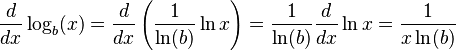 \frac{d}{dx}\log_b(x) = \frac{d}{dx} \left( \frac{1}{\ln(b)} \ln{x} \right) = \frac{1}{\ln(b)} \frac{d}{dx} \ln{x} = \frac{1}{x\ln(b)} 