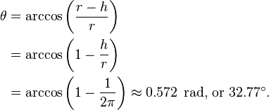 
\begin{align}
\theta & = \arccos \left( \frac{r-h}{r} \right)\\
       & = \arccos \left( 1 - \frac{h}{r} \right)\\
       & = \arccos \left( 1 - \frac{1}{2\pi} \right) \approx 0.572 \,\text{ rad,} \text{ or } 32.77^\circ.
\end{align}
