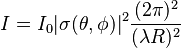  I = I_0 |\sigma(\theta,\phi)|^2 \frac{(2\pi)^2}{(\lambda R)^2} 
