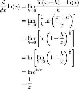\begin{align}
    \frac{d}{dx}\ln(x)
    &=\lim_{h\to0}\frac{\ln(x+h)-\ln(x)}{h} \\
    &=\lim_{h\to0}\left[\frac{1}{h}\ln\left(\frac{x+h}{x}\right)\right] \\
    &=\lim_{h\to0}\left[\ln\left(1+\frac{h}{x}\right)^{\frac{1}{h}}\right] \\
    &=\ln\left[\lim_{h\to0}\left(1+\frac{h}{x}\right)^{\frac{1}{h}}\right] \\
    &=\ln e^{1/x} \\
    &=\frac{1}{x}
\end{align}