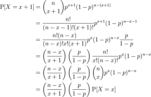 \begin{align}
    \operatorname{P}[X=x+1]
    &=\binom{n}{x+1}p^{x+1}(1-p)^{n-(x+1)} \\
    &=\frac{n!}{(n-x-1)!(x+1)!}p^{x+1}(1-p)^{n-x-1} \\
    &=\frac{n!(n-x)}{(n-x)!x!(x+1)}p^x(1-p)^{n-x}\frac{p}{1-p} \\
    &=\left(\frac{n-x}{x+1}\right)\left(\frac{p}{1-p}\right)\frac{n!}{x!(n-x)!}p^x(1-p)^{n-x} \\
    &=\left(\frac{n-x}{x+1}\right)\left(\frac{p}{1-p}\right)\binom{n}{x}p^x(1-p)^{n-x} \\
    &=\left(\frac{n-x}{x+1}\right)\left(\frac{p}{1-p}\right)\operatorname{P}[X=x]
\end{align}