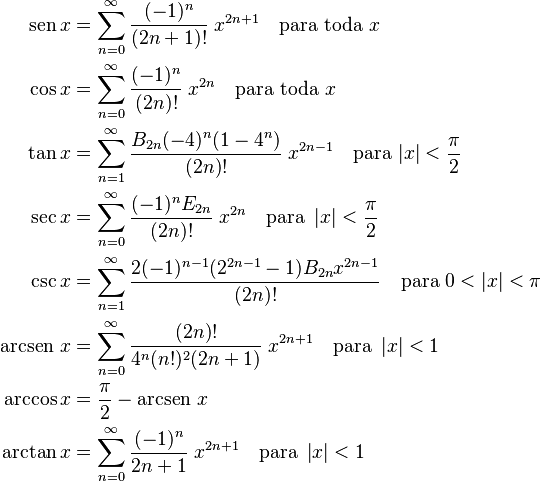 \begin{align}
    \sen x&=\sum^{\infin}_{n=0} \frac{(-1)^n}{(2n+1)!}\;x^{2n+1}\quad\mbox{para toda }x \\
    \cos x&=\sum_{n=0}^\infty\frac{(-1)^n}{(2n)!}\;x^{2n} \quad\mbox{para toda }x \\
    \tan x&=\sum_{n=1}^\infty\frac{B_{2n}(-4)^n(1-4^n)}{(2n)!}\;x^{2n-1}\quad\mbox{para }|x|<\frac{\pi}{2} \\
    \sec x&=\sum_{n=0}^\infty\frac{(-1)^n E_{2n}}{(2n)!}\;x^{2n}\quad\mbox{para } \left| x \right| < \frac{\pi}{2} \\
    \csc x&=\sum_{n=1}^\infty{\frac{2(-1)^{n-1}(2^{2n-1}-1)B_{2n}x^{2n-1}}{(2n)!}}\quad\mbox{para } 0<\left |{x}\right |< \pi \\
    \text{arcsen } x&=\sum_{n=0}^\infty \frac{(2n)!}{4^n (n!)^2 (2n+1)}\;x^{2n+1}\quad\mbox{para } \left|x\right|<1 \\
    \arccos x&=\frac{\pi}{2}-\text{arcsen }x \\
    \arctan x&=\sum_{n=0}^\infty\frac{(-1)^n}{2n+1}\;x^{2n+1}\quad\mbox{para } \left| x \right| < 1
\end{align}