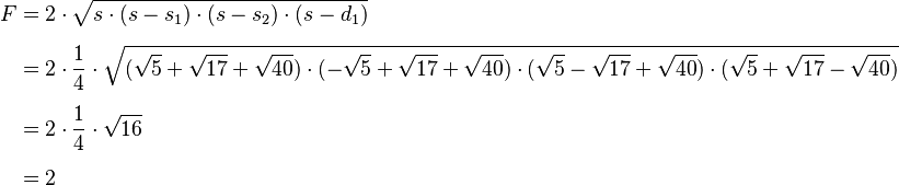 
\begin{align} 
F&=2\cdot \sqrt{s\cdot (s-s_1) \cdot (s-s_2) \cdot (s-d_1)} \\[5pt]
  &=2\cdot\frac{1}{4}\cdot\sqrt{(\sqrt{5}+\sqrt{17}+\sqrt{40})\cdot(-\sqrt{5}+\sqrt{17}+\sqrt{40})\cdot(\sqrt{5}-\sqrt{17}+\sqrt{40})\cdot(\sqrt{5}+\sqrt{17}-\sqrt{40})} \\[5pt]
  &=2\cdot\frac{1}{4}\cdot\sqrt{16} \\[5pt]
  &=2
\end{align}
