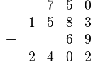 
   \begin{array}{rrrrr}
        &   & 7 & 5 & 0 \\
        & 1 & 5 & 8 & 3 \\
      + &   &   & 6 & 9 \\
      \hline
        & 2 & 4 & 0 & 2 \\
   \end{array}
