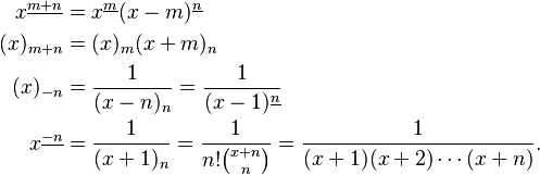 
\begin{align} 
x^{\underline{m+n}} & = x^{\underline{m}} (x-m)^{\underline{n}} \\ 
(x)_{m+n} & = (x)_m (x+m)_n \\ 
(x)_{-n} & = \frac{1}{(x-n)_n} = \frac{1}{(x-1)^{\underline{n}}} \\ 
x^{\underline{-n}} & = \frac{1}{(x+1)_n} = \frac{1}{n! \binom{x+n}{n}} = \frac{1}{(x+1)(x+2) \cdots (x+n)}. 
\end{align} 
