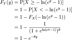 \begin{align}
    F_Y(y)
    &=\operatorname{P}[X\geq -\ln(e^y-1)] \\
    &=1-\operatorname{P}[X < -\ln(e^y-1)] \\
    &=1-F_X(-\ln(e^y-1)) \\
    &=1-\frac{1}{(1+e^{\ln(e^y-1)})^\theta} \\
    &=1-e^{-\theta y}
\end{align}