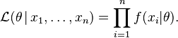 
  \mathcal{L}(\theta\,|\,x_1,\ldots,x_n) = \prod_{i=1}^n f(x_i|\theta).
 