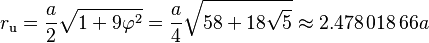 r_\mathrm{u}= \frac{a}{2} \sqrt{1 + 9\varphi^2}= \frac{a}{4} \sqrt{58 +18\sqrt{5}} \approx 2.478\,018\,66  a