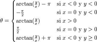 \theta = 
\begin{cases}
\arctan(\frac{y}{x}) - \pi  & \text{si } x < 0 \text{ y } y < 0\\
-\frac{\pi}{2}              & \text{si } x = 0 \text{ y } y < 0\\
\arctan(\frac{y}{x})        & \text{si } x > 0\\
\frac{\pi}{2}               & \text{si } x = 0 \text{ y } y > 0\\
\arctan(\frac{y}{x}) + \pi  & \text{si } x < 0 \text{ y } y \ge 0
\end{cases}
