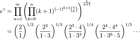 

\begin{align}

e^{\gamma} & =  \prod_{n=1}^\infty \left ( \prod_{k=0}^n (k+1)^{(-1)^{k+1}{n \choose k}} \right)^{{1 \over {n+1}}} \\
{} & = \left ( \frac{2}{1} \right )^{1/2} \left (\frac{2^2}{1 \cdot 3} \right )^{1/3} \left (\frac{2^3 \cdot 4}{1 \cdot 3^3} \right )^{1/4} \left (\frac{2^4 \cdot 4^4}{1 \cdot 3^6 \cdot 5} \right )^{1/5}  \cdots

\end{align} 

