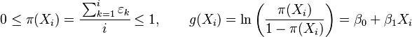 0 \le \pi(X_i) = \cfrac{\sum_{k=1}^i \varepsilon_k}{i} \le 1, \qquad
g(X_i) = \ln \left( \frac{\pi(X_i)}{1-\pi(X_i)} \right) = \beta_0 + \beta_1 X_i