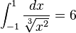 \int_{-1}^{1} \frac{dx}{\sqrt[3]{x^2}} = 6