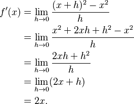 
\begin{align}
    f'(x)
    &=\lim_{h\to0}\frac{(x+h)^2-x^2}{h} \\
    &=\lim_{h\to0}\frac{x^2+2xh+h^2-x^2}{h} \\
    &=\lim_{h\to0}\frac{2xh+h^2}{h} \\
    &=\lim_{h\to0}(2x+h) \\ 
    &=2x.
\end{align} 
