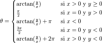 \theta = 
\begin{cases}
\arctan(\frac{y}{x})        & \text{si } x > 0 \text{ y } y \ge 0\\
\frac{\pi}{2}               & \text{si } x = 0 \text{ y } y > 0\\
\arctan(\frac{y}{x}) + \pi  & \text{si } x < 0\\
\frac{3\pi}{2}              & \text{si } x = 0 \text{ y } y < 0\\
\arctan(\frac{y}{x}) + 2\pi & \text{si } x > 0 \text{ y } y < 0
\end{cases}