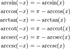 \begin{align}
\arcsin(-x) &= -\arcsin(x) \\
\arccos(-x) &= \pi -\arccos(x) \\
\arctan(-x) &= -\arctan(x) \\
\arccot(-x) &= \pi -\arccot(x) \\
\arcsec(-x) &= \pi -\arcsec(x) \\
\arccsc(-x) &= -\arccsc(x)
\end{align}