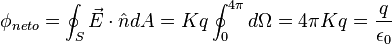 \phi_{neto} = \oint_S \vec{E} \cdot \hat{n} d{A} = K q \oint_{0}^{4\pi} d {\Omega} = 4 \pi Kq = \frac{q}{\epsilon_0}