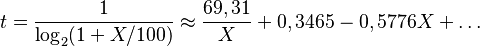t = \frac{1}{\log_2(1+X/100)} \approx
\frac{69,31}{X} + 0,3465 - 0,5776 X + \dots 