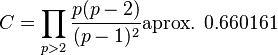 C=\prod_{p>2} \frac{p(p-2)}{(p-1)^2}\text{aprox. } 0.660161