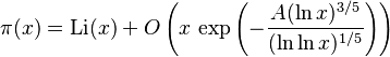 \pi(x)={\rm Li} (x) + O \left(x \, \exp \left( -\frac{A(\ln x)^{3/5}}{(\ln \ln x)^{1/5}} \right) \right)
