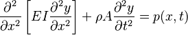 \frac{\partial^2}{\partial x^2}\left[ EI\frac{\partial^2 y}{\partial x^2} \right] + \rho A \frac{\partial^2 y}{\partial t^2} = p(x,t) 