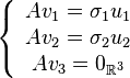 \left\{ \begin{array}{c} Av_{1} = \sigma_{1} u_{1} \\ Av_{2} = \sigma_{2} u_{2} \\ Av_{3} = 0_{\mathbb{R}^{3}} \end{array} \right.