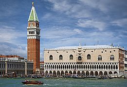 (Venice) Doge's Palace and campanile of St. Mark's Basilica facing the sea
