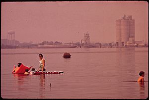 Archivo:SWIMMING IN POLLUTED LAKE CHARLES. OLIN-MATHIESON PLANT IN BACKGROUND - NARA - 546145
