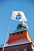 Stadsvapensflagga framför Östersunds rådhus