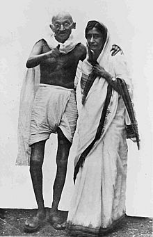 Mahatma Gandhi with Rajkumari Amrit Kaur at Simla in 1945.jpg