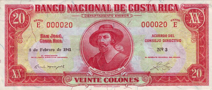 Povedano Billete de 20 colones BNCR-1941-con grabado del retrato del conquistado Juan de Cavallon