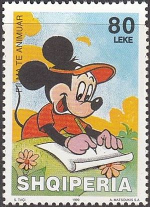 Stamp of Albania - 1999 - Colnect 186269 - Mickey Mouse writing.jpeg