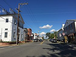 2016-10-03 15 52 21 View south along U.S. Route 17 Business and east along Virginia State Route 55 (Main Street) at Frost Street in Marshall, Fauquier County, Virginia.jpg