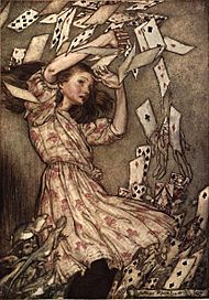 Archivo:Alice in Wonderland by Arthur Rackham - 15 - At this the whole pack rose up into the air and came flying down upon her
