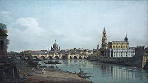 Archivo:Canaletto - Dresden seen from the Right Bank of the Elbe, beneath the Augusts Bridge - Google Art Project