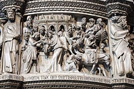 Giovanni pisano, pulpito del duomo di pisa, 1302-11, presentazione di gesù al tempio e fuga in egitto 01