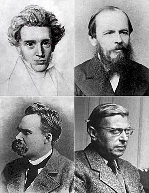 En el sentido de las agujas del reloj desde la parte superior izquierda: Søren Kierkegaard, Fiódor Dostoievski, Jean-Paul Sartre, Friedrich Nietzsche