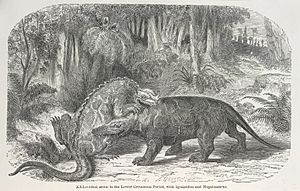 Archivo:Dinosaurs fighting - The World before the Deluge (1865), plate XXI - BL
