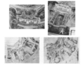 Fig. 15. Detalles de las falsas arquitecturas de la cúpula y diseños previos de Rizi. Fuente- Gutiérrez Pastor y Arranz Otero, pp. 219 y 215.