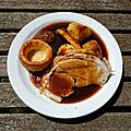 Roast pork Sunday roast at The Stag, Little Easton, Essex, England