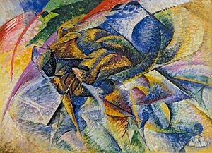 Archivo:Umberto Boccioni, 1913, Dynamism of a Cyclist (Dinamismo di un ciclista), oil on canvas, 70 x 95 cm, Gianni Mattioli Collection, on long-term loan to the Peggy Guggenheim Collection, Venice
