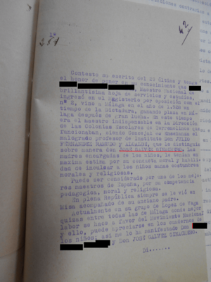 Archivo:Declaración José Gálvez Ginachero en Juicio Sumarísimo durante la represión franquista en defensa de un Maestro acusado. Málaga 1938