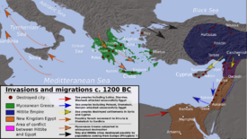 Archivo:Invasions, destructions and possible population movements during the Bronze Age Collapse, ca. 1200 BC