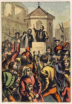 Archivo:Joseph Martin Kronheim - Foxe's Book of Martyrs Plate VI - Bradford Appeasing the Riot at St. Paul's Cross